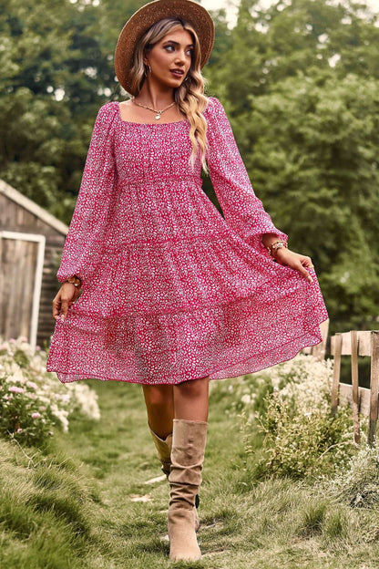 Printed Off-Shoulder Frill Trim Tiered Dress