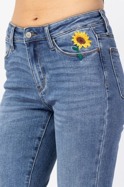 Judy Blue High Rise Relaxed Sunflower Embroidery Jeans
