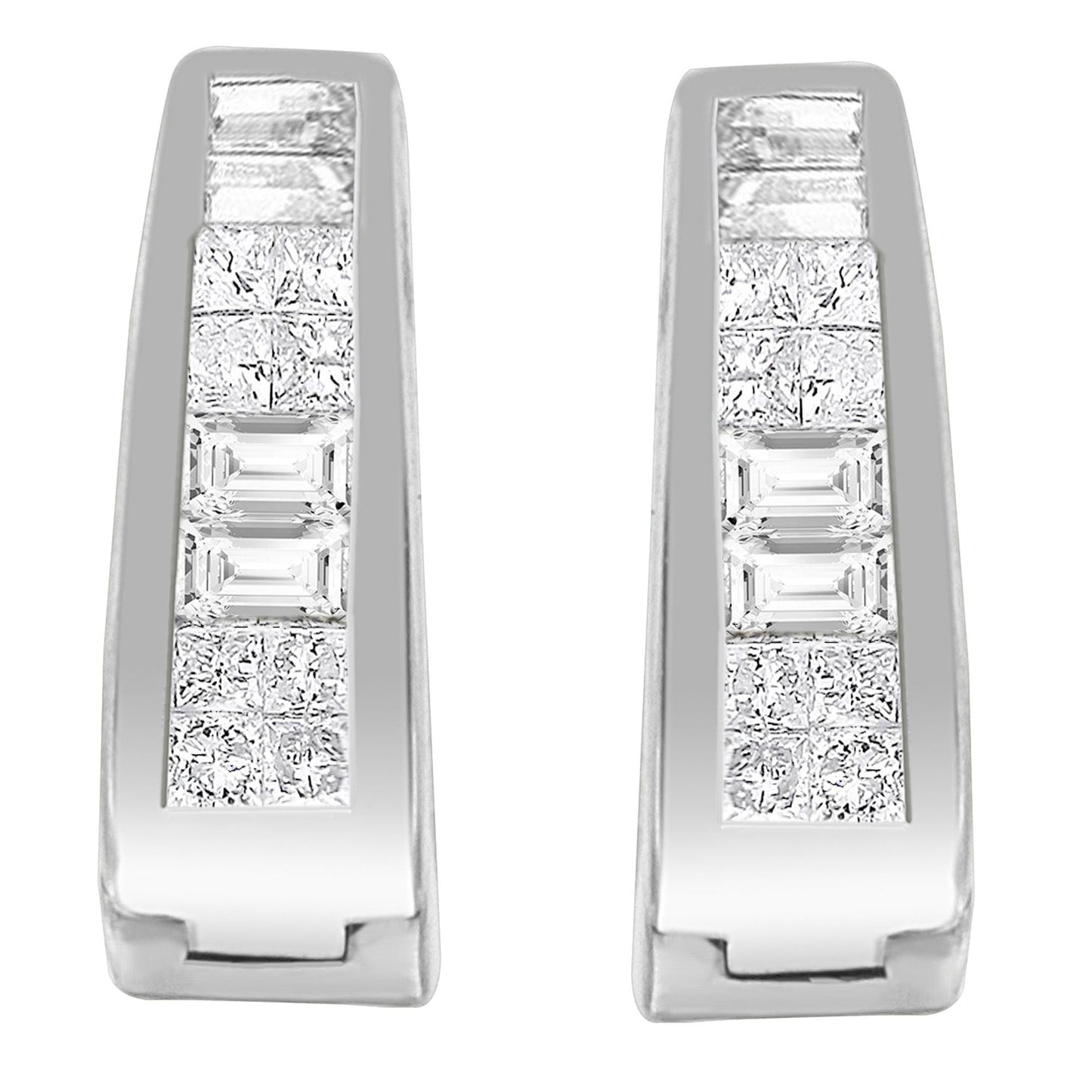 14K White Gold Princess And Baguette-Cut Diamond Long Hoop Earrings(0.50 Cttw,I-J Color,Vs1-Vs2 Clarity)