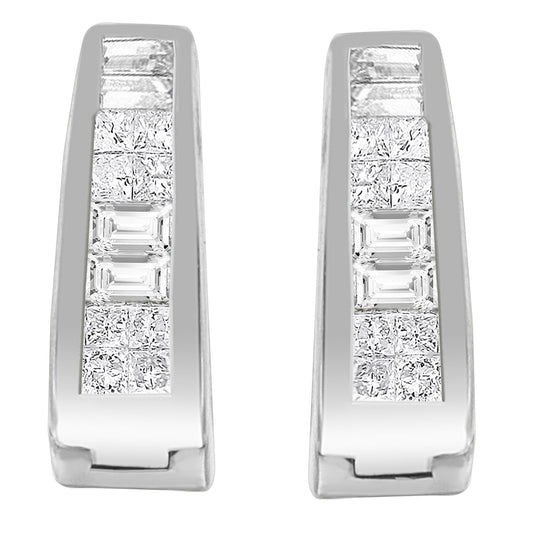 14K White Gold Princess And Baguette-Cut Diamond Long Hoop Earrings(0.50 Cttw,I-J Color,Vs1-Vs2 Clarity)