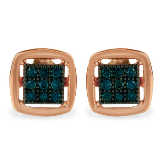 Rose Plated Sterling Silver Rose Cut Treated Diamond Stud Earring (0.25 Cttw, Blue Color, I2-I3 Clarity)