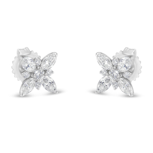 14K White Gold Marquise Diamond Flower Stud Earring (1.00 Cttw, H-I Color, Si1-Si2 Clarity)