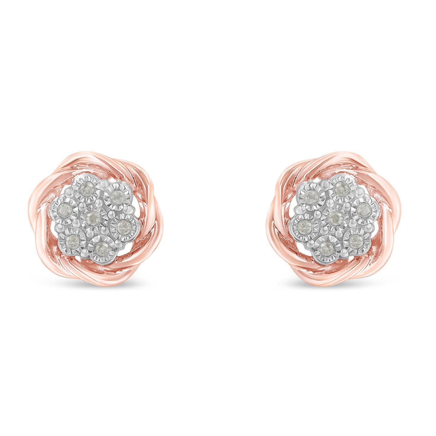 Rose Gold Plated Sterling Silver Round Diamond Rose Stud Earrings (0.15 Cttw, I-J Color, I2-I3 Clarity)