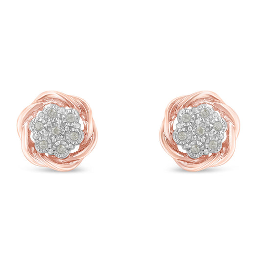 Rose Gold Plated Sterling Silver Round Diamond Rose Stud Earrings (0.15 Cttw, I-J Color, I2-I3 Clarity)