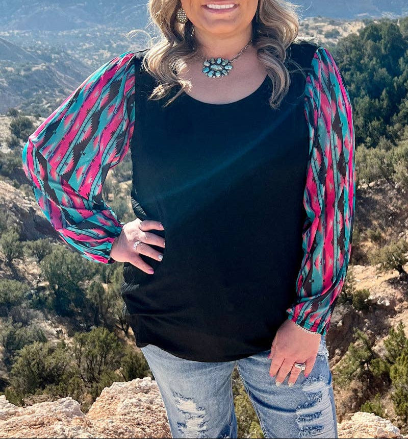 Somewhere in the Middle Aztech Print Sheer Sleeves Top