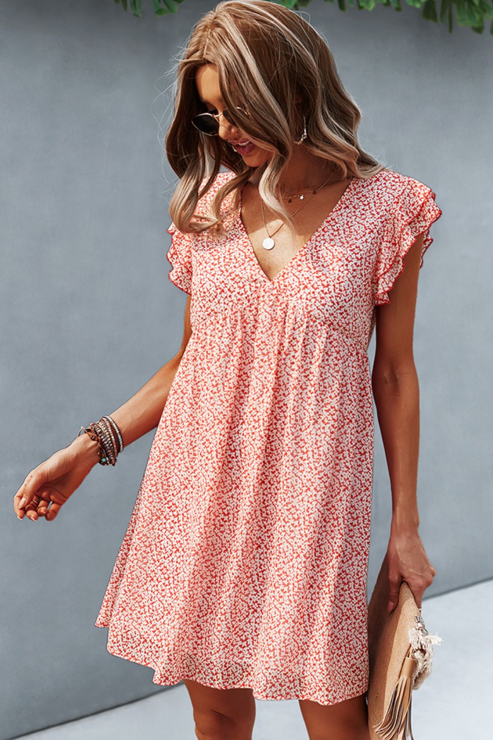 Printed V-Neck Flutter Sleeve Dress