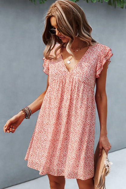 Printed V-Neck Flutter Sleeve Dress