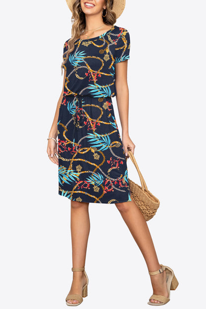 Round Neck Short Sleeve Slit Dress With Pockets