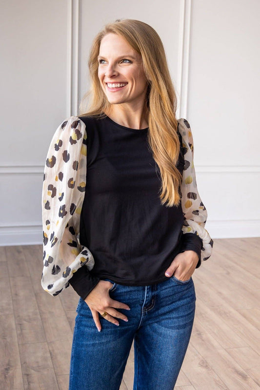 Leopard Dream Balloon Sleeve Top: Black