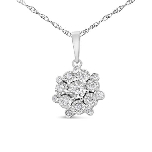 .925 Sterling Silver 1/4 Cttw Miracle Set Diamond Floral Cluster 18" Pendant Necklace For Women (I-J Color, I1-I2 Clarity)