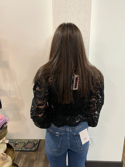 Lace Button Down Long Sleeve Crop Top