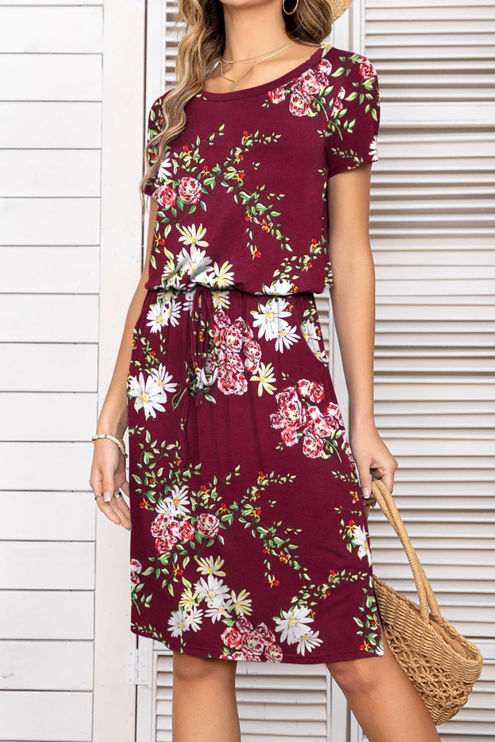 Round Neck Short Sleeve Slit Dress With Pockets