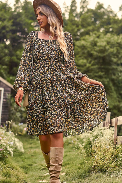 Printed Off-Shoulder Frill Trim Tiered Dress
