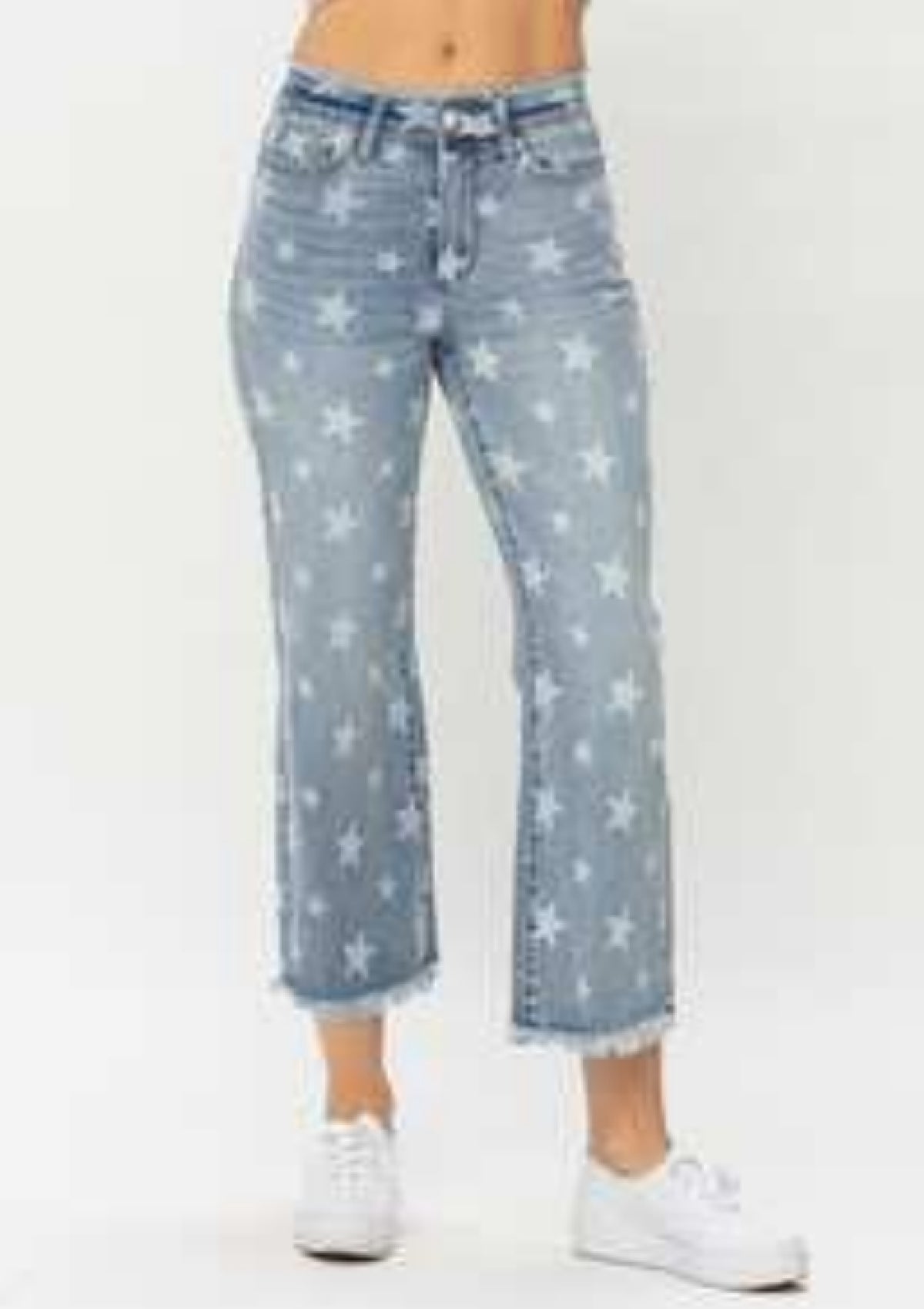 High Waist Star Print Frayed Hem Cropped Straight Jeans