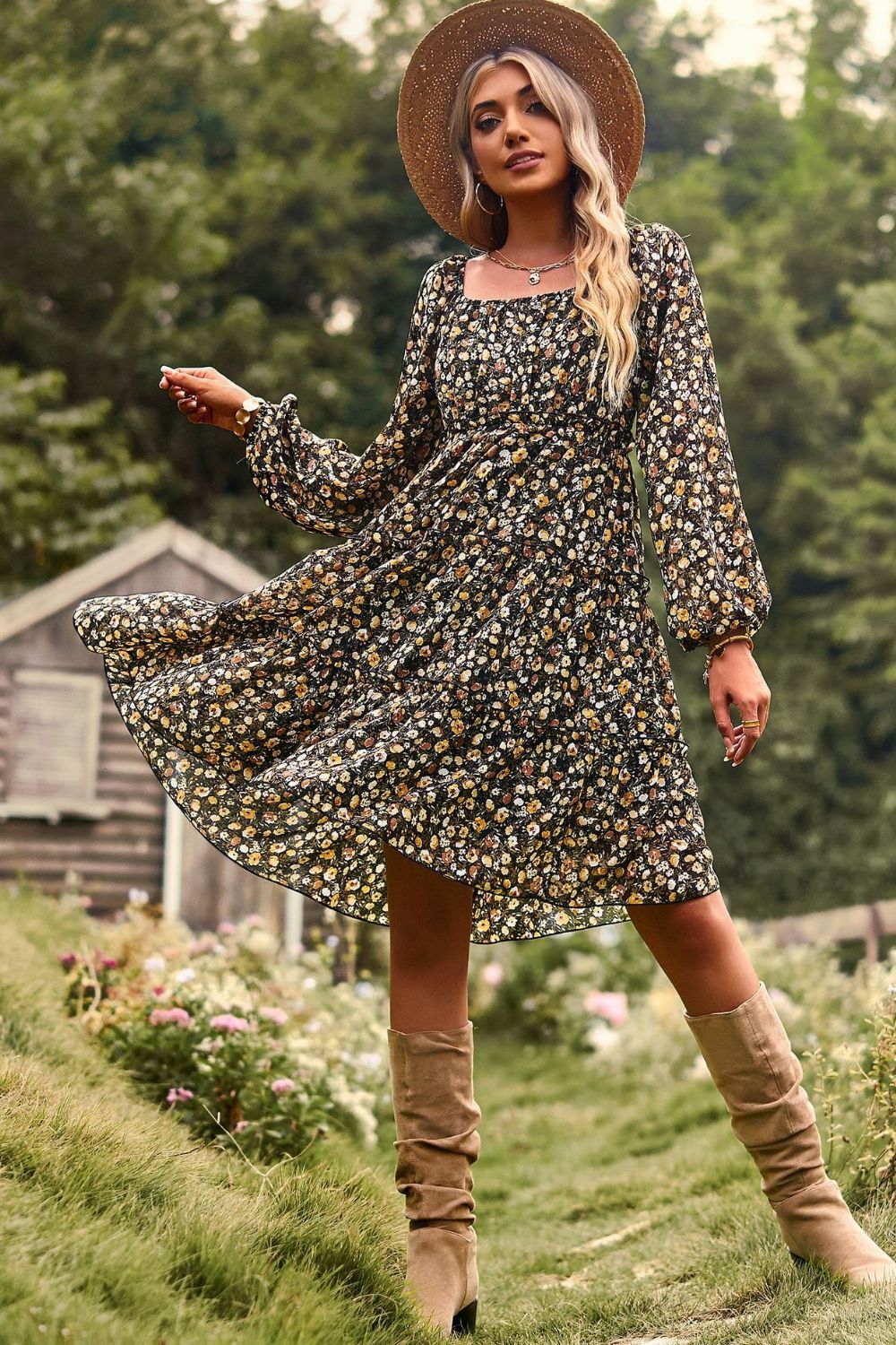 Printed Off-Shoulder Frill Trim Tiered Dress