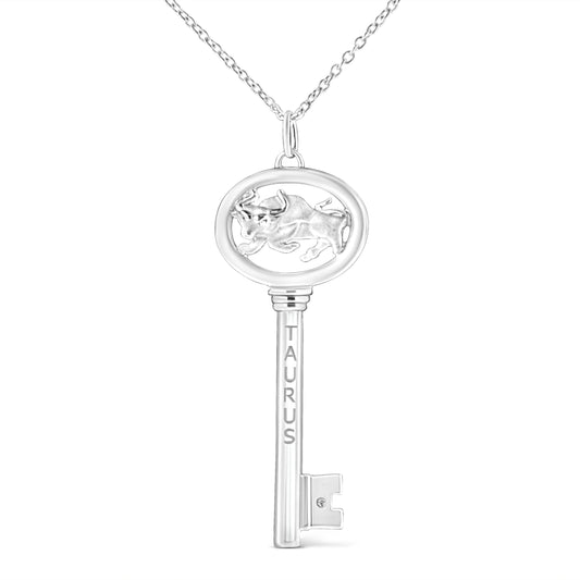 .925 Sterling Silver Diamond Accent Taurus Zodiac Key 18" Pendant Necklace (K-L Color, I1-I2 Clarity)
