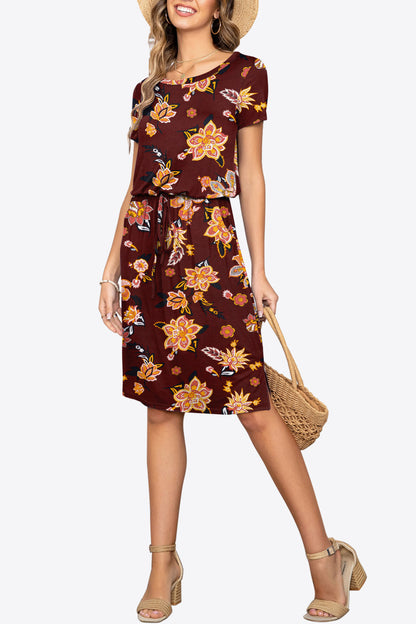 Round Neck Short Sleeve Slit Dress With Pockets