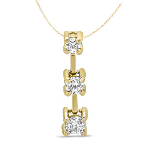 14K Yellow Gold 3/4 Cttw Round Diamond Three-Stone Drop Pendant 18" Necklace - (H-I Color, Si1-Si2 Clarity)