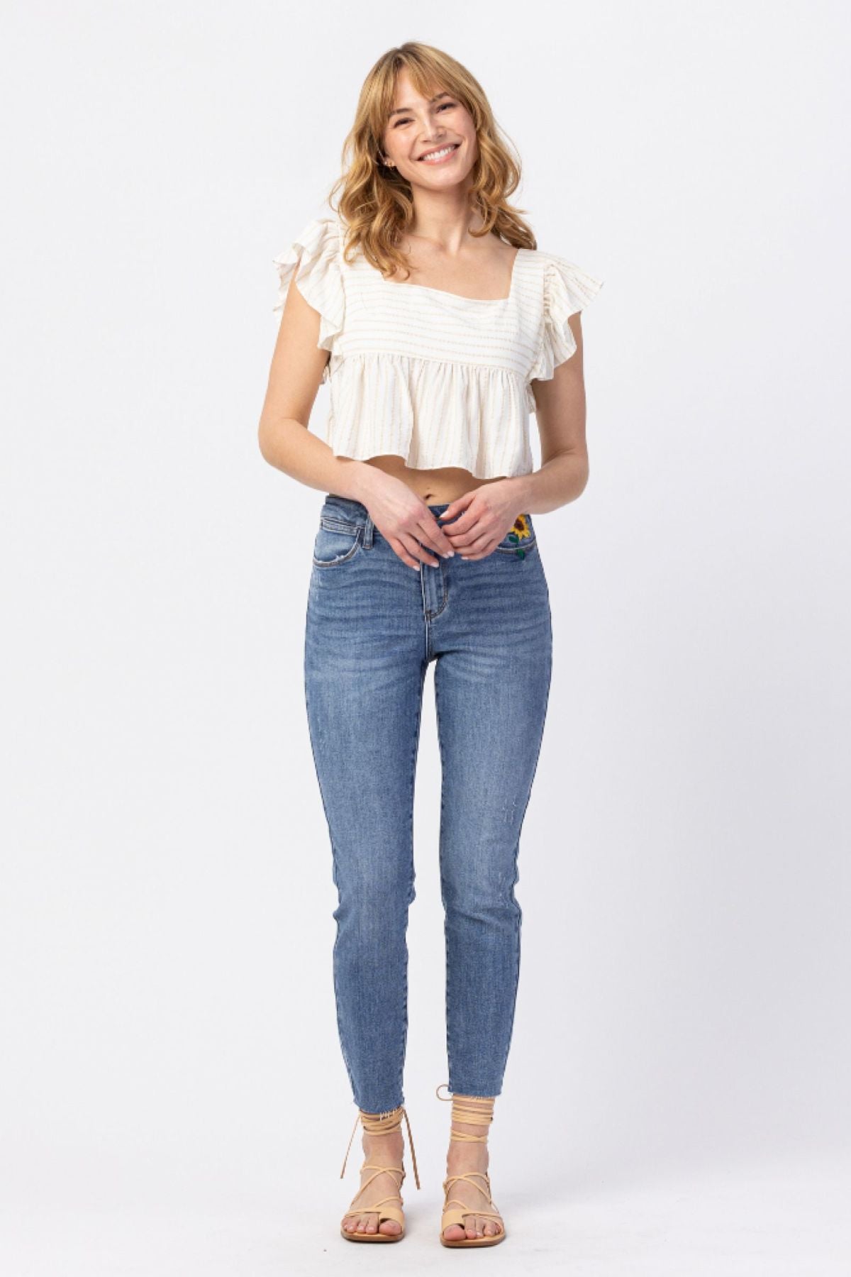 Judy Blue High Rise Relaxed Sunflower Embroidery Jeans