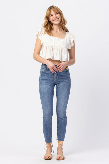 Judy Blue High Rise Relaxed Sunflower Embroidery Jeans