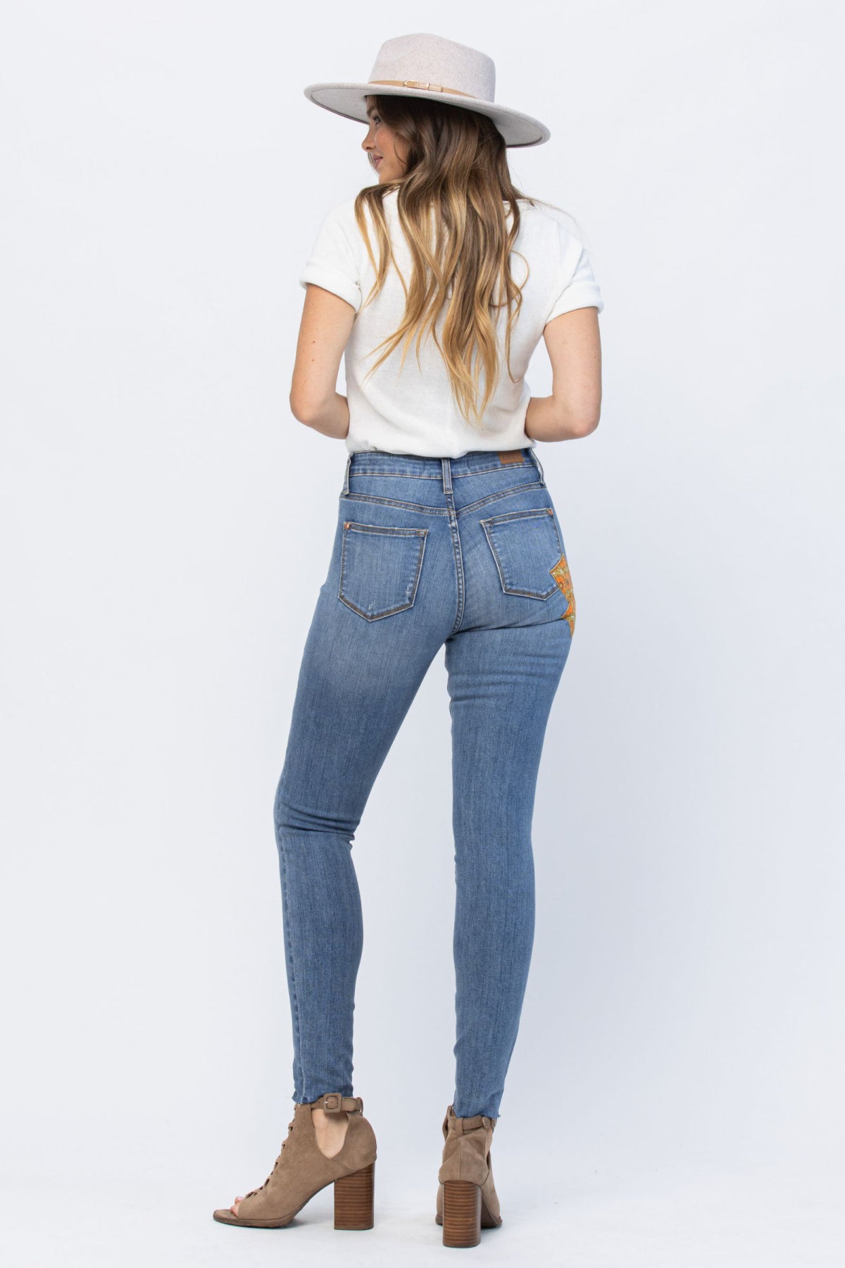 Judy Blue Full Size Mid-Rise Orange Floral Patch Skinny Jeans