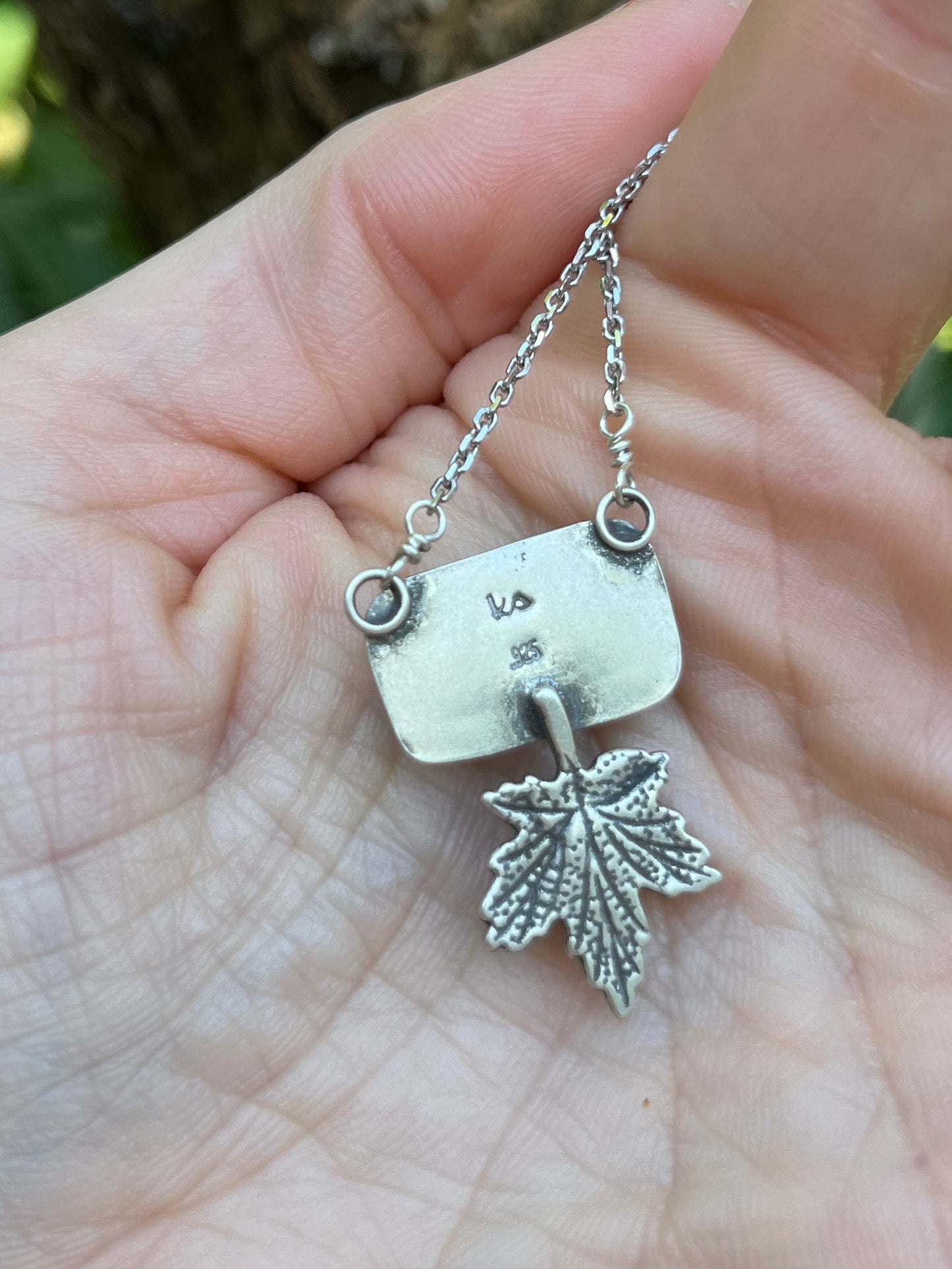 Emerald Green Kyanite Rectangle Necklace with Maple Leaf Accent ￼