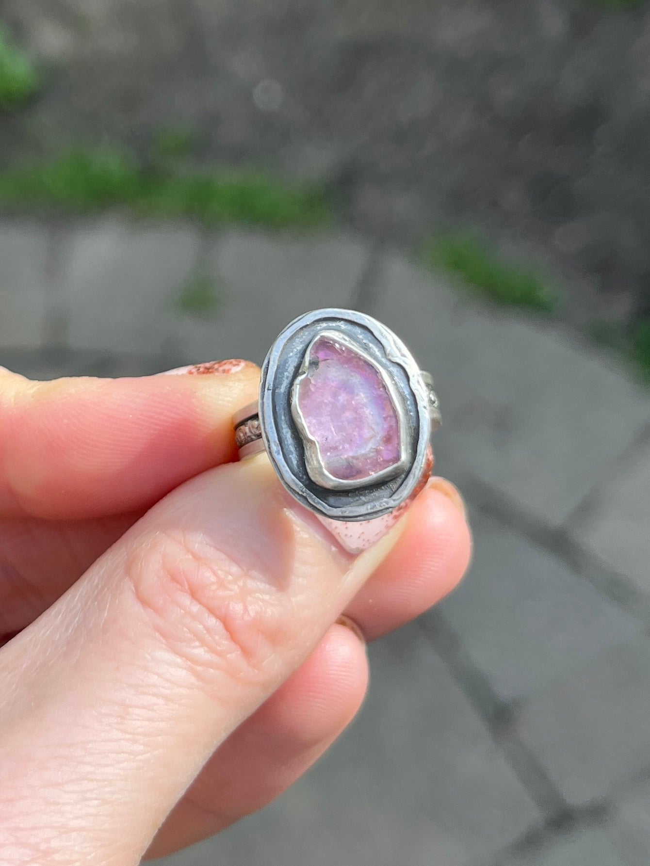 Pink Tourmaline Rough Slice Reservoir Ring