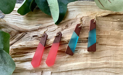 Earrings, dangle earrings, bar resin wood earrings: Faded pink