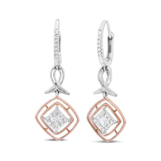 14K White And Rose Gold 1/2 Cttw Round And Princess-Cut Diamond Openwork Marquise Ribbon Dangle Earring (G-H Color, Si2-I1 Clarity)