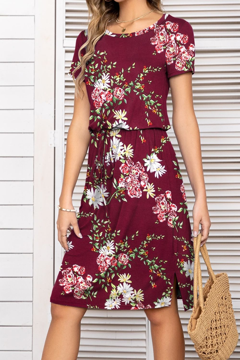 Round Neck Short Sleeve Slit Dress With Pockets