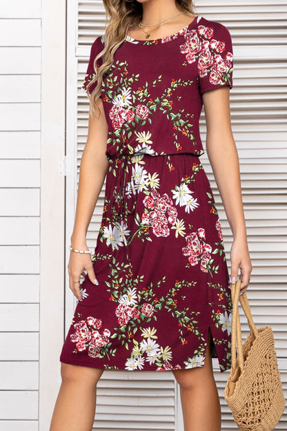Round Neck Short Sleeve Slit Dress With Pockets