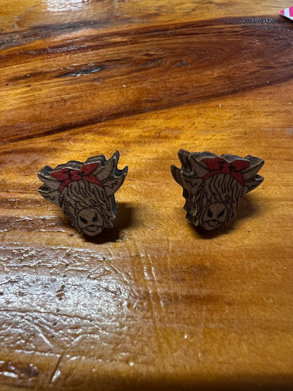 Highland Cow Wooden Post Earrings