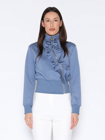 High neck Scuba Asymetrical Ruffled Zip Jacket - Gracia J25202