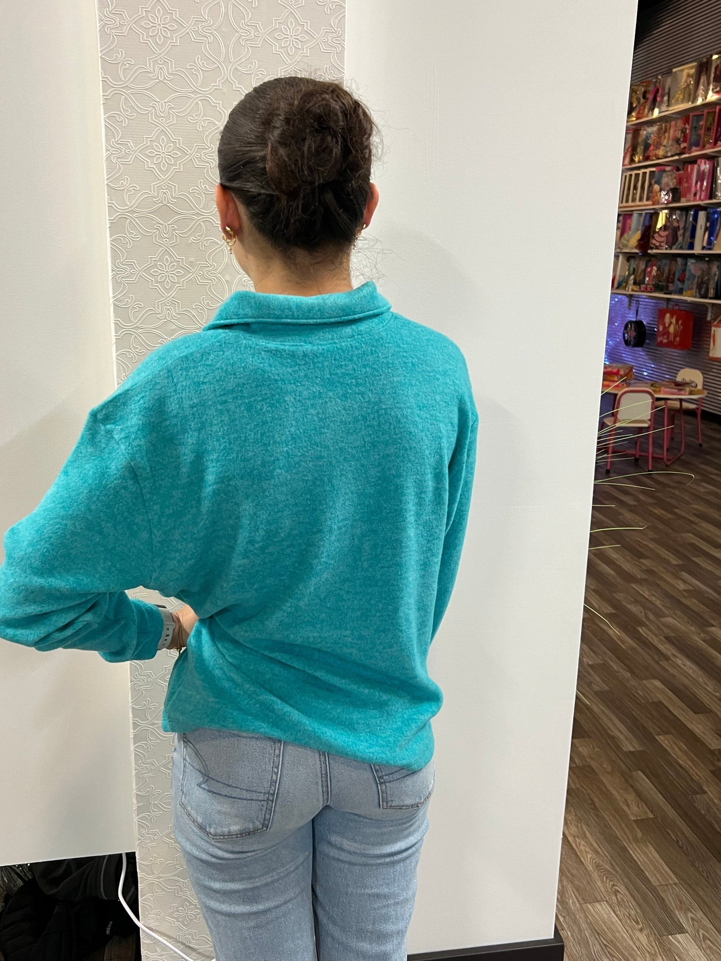 Teal Brushed Melange Hacci Collared Sweater