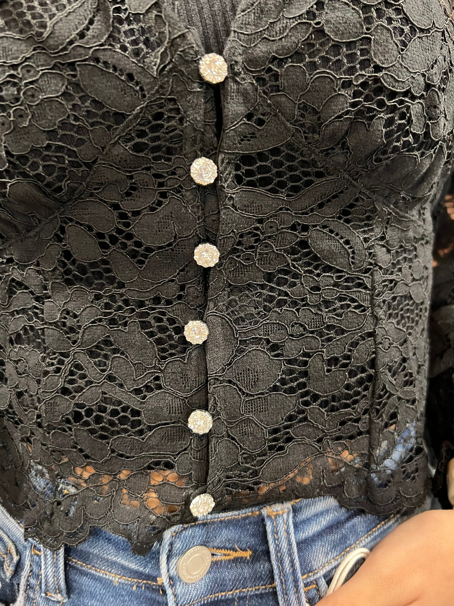 Lace Button Down Long Sleeve Crop Top
