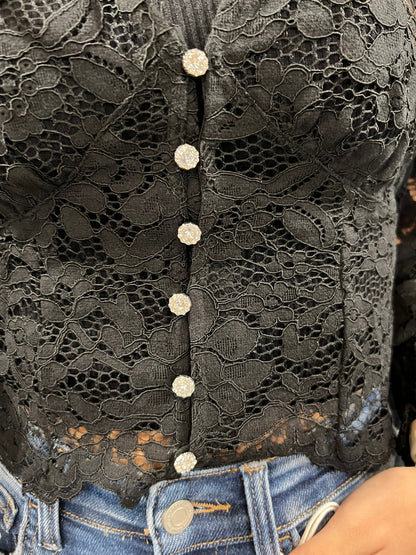 Lace Button Down Long Sleeve Crop Top