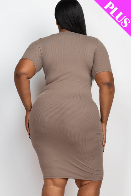 Plus Size Ribbed Short Sleeve Bodycon Midi Dress (CAPELLA)