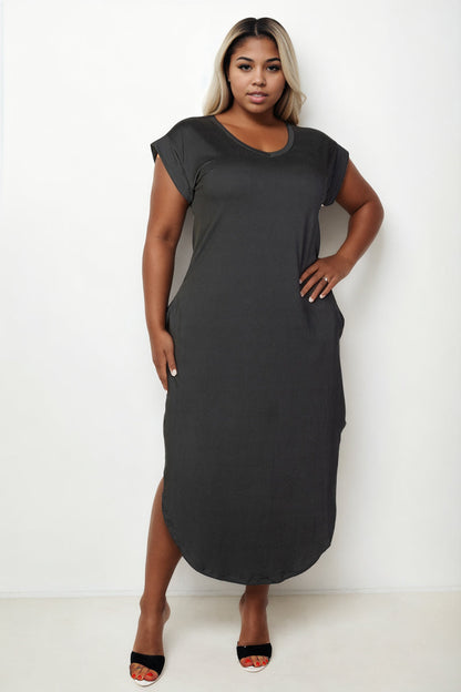 Plus Size Hidden Pocket Batwing Sleeve V Neck Long Dress (CAPELLA)