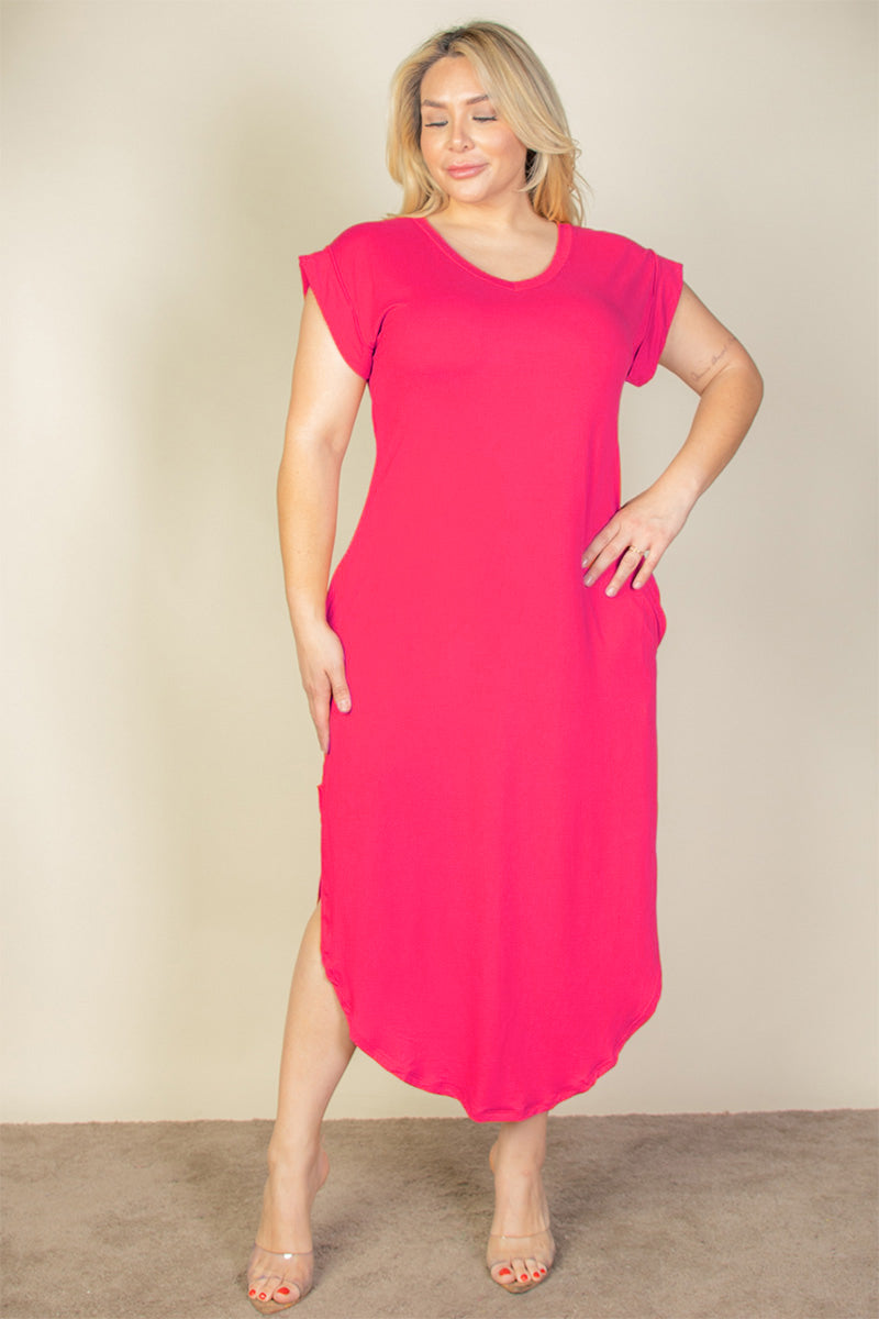 Plus Size Hidden Pocket Batwing Sleeve V Neck Long Dress (CAPELLA)