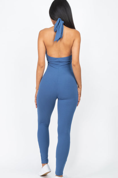 Halter V Neck Ribbed Bodycon Jumpsuit (CAPELLA)
