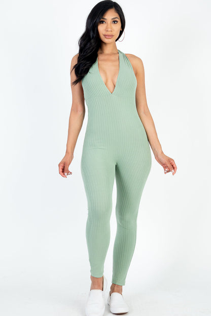 Halter V Neck Ribbed Bodycon Jumpsuit (CAPELLA)