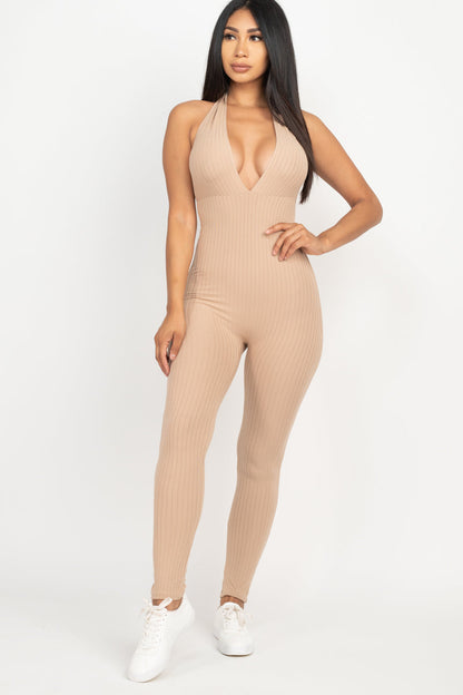 Halter V Neck Ribbed Bodycon Jumpsuit (CAPELLA)