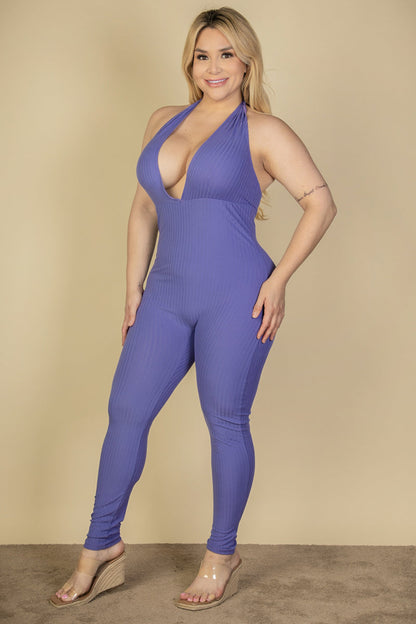 Plus Size Halter V Neck Ribbed Bodycon Jumpsuit (CAPELLA)