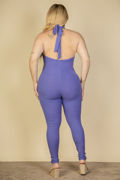 Plus Size Halter V Neck Ribbed Bodycon Jumpsuit (CAPELLA)