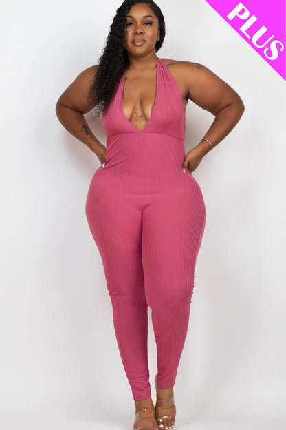 Plus Size Halter V Neck Ribbed Bodycon Jumpsuit (CAPELLA)
