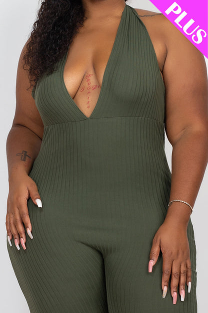 Plus Size Halter V Neck Ribbed Bodycon Jumpsuit (CAPELLA)
