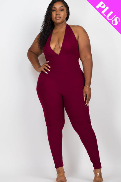 Plus Size Halter V Neck Ribbed Bodycon Jumpsuit (CAPELLA)