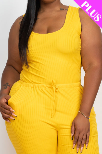 Plus Size Ribbed Sleeveless Drawstring Waist Jumpsuit (CAPELLA)