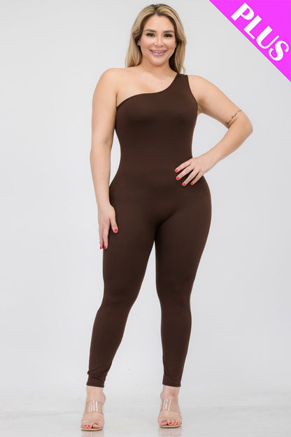 Plus Size Solid Color One Shoulder Jumpsuit (CAPELLA)