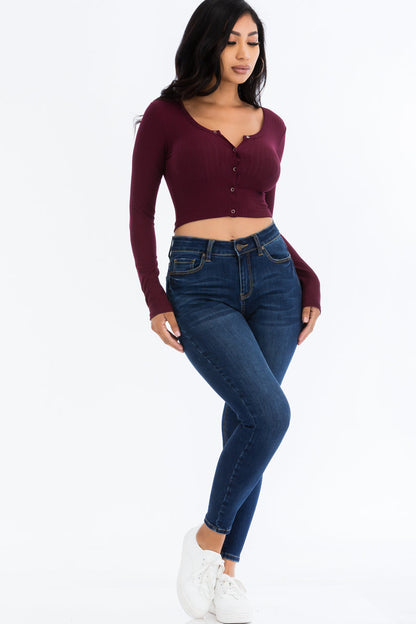 Ribbed Long Sleeve Snap Button Down Crop Top (CAPELLA)